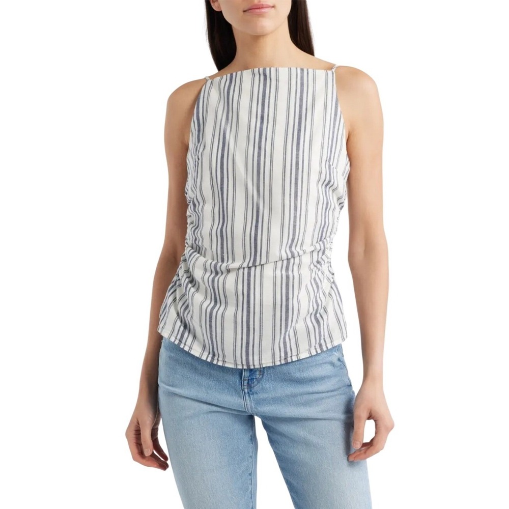 Madewell Striped Linen Blend Ruched Top Square Neck Spaghetti Strap Sz 2 NWT $88